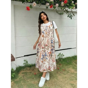 Vestito Maxi a Fiori Taglie Forti da Donna Largo Senza Maniche in Poliestere Elegante Stile Pastorale Gonna per Vacanze Estive