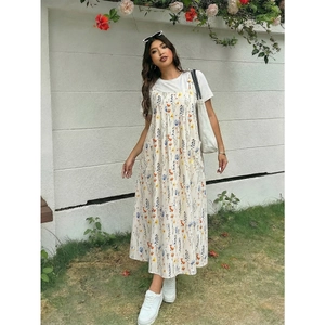 Damen Blumenmuster Ärmelloses Langes Kleid Und Weißes T-Shirt Oberteil Und Unterteil Lässig Lose Große Größen Sommer Urlaubsstil