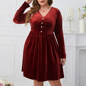 Women Plus Size V Neck Velvet Long Sleeve Dress Burgundy High Waist Button Decor Elegant Party Midi Empire Dresses