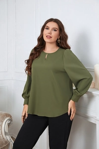 Detail of army green crewneck blouse with teardrop cutout and elegant gathered cuffs