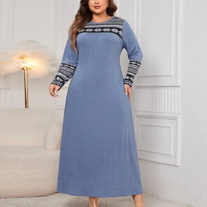 Women loose long sleeve maxi dress in blue with ethnic print on chest and cuffs