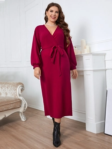 Elegant deep rose red V-neck long sleeve wrap dress with waist tie and ankle-length hem