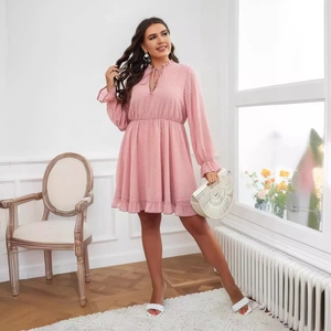 Pink swiss dot chiffon V-neck dress with ruffle trim and elastic waist for women