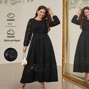 Women Plus Size Elegant Black Lace Stitching Long Sleeve Maxi Dress Floral Embroidery Round Neck Party Evening Long Dress