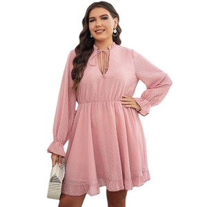 Pink plus size swiss dot dress with V-neck, ruffle hem, and elastic waist for women