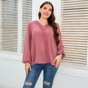 Women Plus Size V Neck Lace Crochet Blouse Swiss Dot Lantern Sleeve Chiffon Top Casual Elegant Loose Long Sleeve Shirt