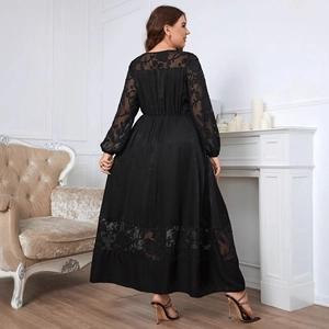 Elegant black long-sleeved lace maxi dress with high waist and floral embroidery details