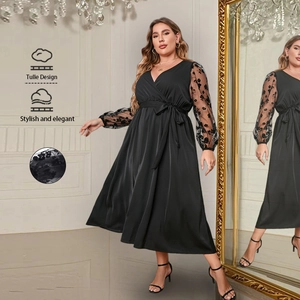 Vestito Taglie Forti Donna Nero Con Scollo a V Maniche Lunghe in Mesh Ricamate Floreali Elegante Midi