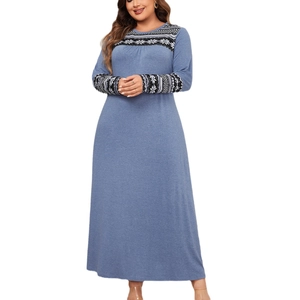 Plus size long sleeve maxi dress in grey blue with ethnic print on neckline and cuffs