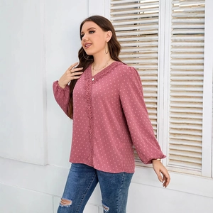 Elegant mauve Swiss dot long sleeve blouse with V-neck lace trim and elastic cuffs