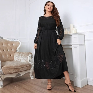 Elegant black long sleeve lace maxi dress with satin finish and floral embroidery detail
