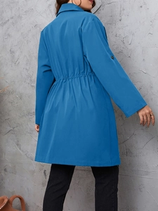 Back view of a mid-length bright blue trench coat with drawstring waist and buckle cuffs