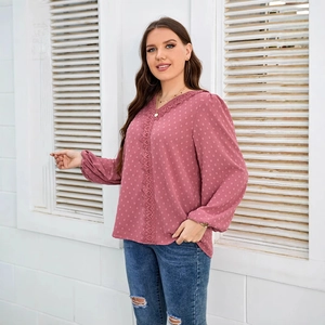 Elegant mauve chiffon long sleeve V-neck blouse with Swiss dots and lace trim details