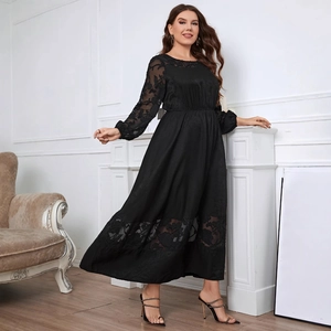 Elegant plus size black long sleeve lace dress with floral embroidery and high waist