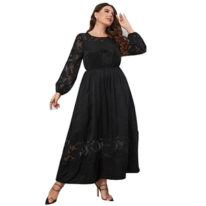 Plus size black long sleeve dress with elegant lace patchwork and waist-slimming fit