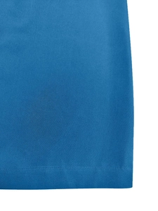Close-up of navy blue suit jacket hem with precise flat-seam stitching and fine fabric texture