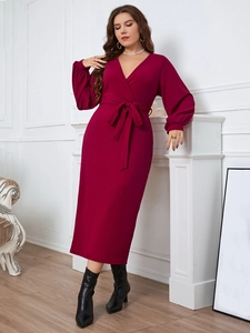 Detail view of wine red V-neck wrap dress with drawstring waist and long puff sleeves
