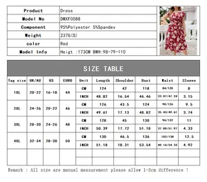 Detailed size guide table for plus size red floral V-neck dress from size 1XL to 4XL