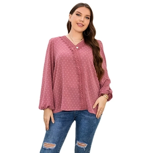 Women's V-neck long sleeve chiffon blouse with lace trim and Swiss dot texture in dusty rose