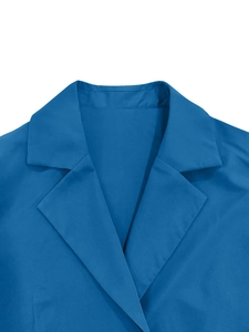 Detail view of bright blue notched lapel on a mid-length blazer with clear fabric texture