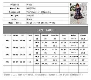 Tableau des tailles détaillé pour robe fleurie grande taille à col en V de 1XL à 4XL