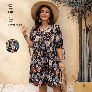 Vestito Taglie Forti da Donna con Stampa Floreale Casual Girocollo Manica a Metà a Linea A Midi per Estate Vacanza Stile Boho