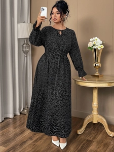 Elegant polka dot maxi dress with lantern sleeves and a waist tie detail for women