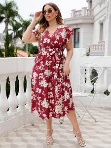 Detail of V-neck wrap dress with floral print and ruffle sleeves in dark red