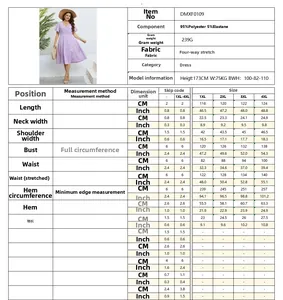 Detailed size chart for V-neck plus size dress in inches and centimeters with model info