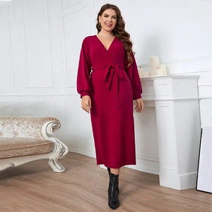 Plus Size Women Elegant Wine Red V Neck Long Sleeve Wrap Maxi Dress With Belt Lantern Sleeves Knitting Slim Fit Party Dress