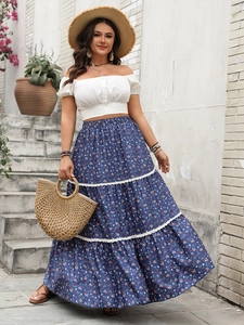 Boho set with off-shoulder crop top and blue floral tiered maxi skirt with lace trim
