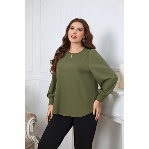 Army green long sleeve blouse for women with elegant crew neck and cutout detail