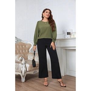 Women's army green crew neck long sleeve blouse with black wide leg trousers