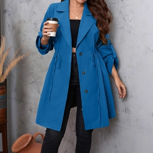Women's Plus Size Mid-Length Trench Coat Notched Lapel Drawstring Waist Solid Color Single Breasted Windbreaker Jacket