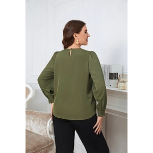 Elegant olive green long sleeve round neck chiffon blouse for women in a minimal style