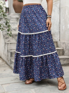 Navy floral tiered maxi skirt with lace trim and casual bohemian summer style