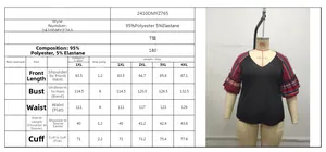 Size chart and details of the loose V-neck short sleeve top with tiered ruffle sleeves
