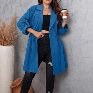 Bright blue mid-length trench coat for women with notch lapels and drawstring waist