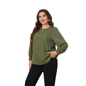 Army green round neck chiffon blouse for women with cutout detailing and long puff sleeves