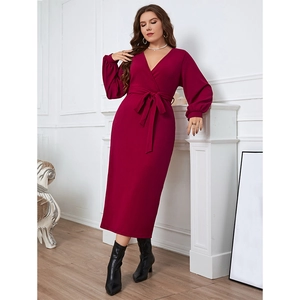 Elegant deep red V-neck long sleeve midi dress with adjustable waist tie and wrap design