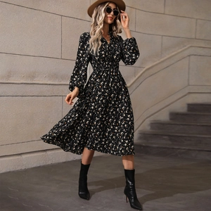 Women Vintage Floral V Neck Midi Dress Long Lantern Sleeve Smocked High Waist Boho A Line Party Dress Black White Yellow