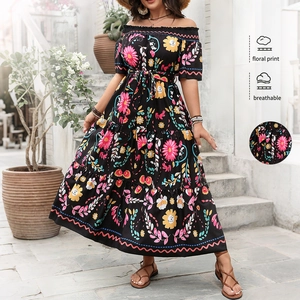 Robe Longue Grande Taille Épaules Dénudées Imprimé Floral Pour Femmes Bohème à Étages Manches Courtes Robe d'Été Vacances