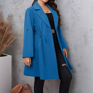 Women's mid-length bright blue drawstring trench coat with classic lapel and waist tie