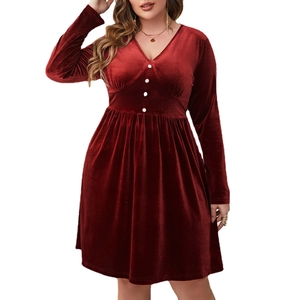 Elegant deep red velvet long sleeve V-neck dress with decorative white buttons on waist