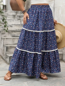 Bohemian navy floral maxi skirt with lace patchwork layers and elastic waist for women