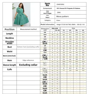 Detailed size chart and material specs for the green tie-waist short sleeve dress