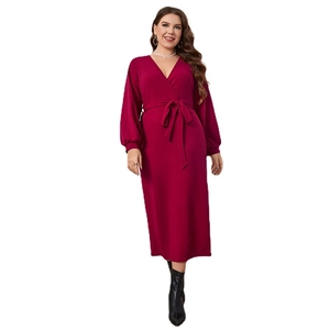 Elegant wine red V-neck long-sleeve midi dress with waist tie and lantern sleeves