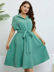 Close-up of the green short-sleeved dress with button placket and waist tie detail