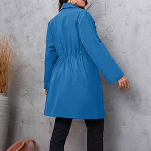 Deep blue mid-length waist-tie trench coat for women featuring a stylish back view