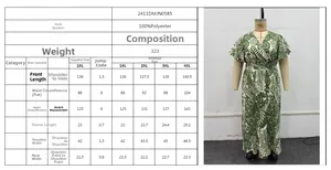 Detailed size chart for the floral print high waist maxi dress showing measurements